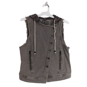 BKE Buckle Tan Grey Jean Vest with Detachable Hood Sleeveless Womens Size Large